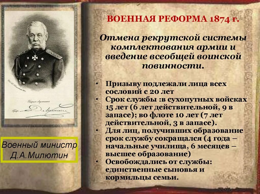 Мера изменившая порядок комплектования армии. Д А Милютин Военная реформа 1874. Устав воинской повинности 1874 года. Военная реформа Милютина при Александре 2.