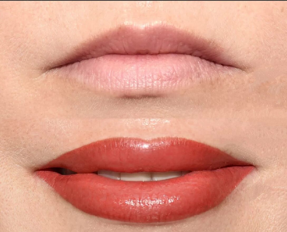 Перманентный макияж губ. Перманент губ. Красный татуаж. Татуаж губ персиковый цвет.
