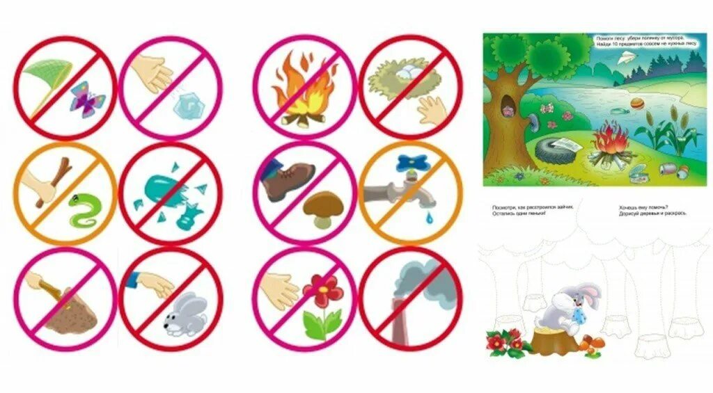 Что нельзя делать детям знаки. Поведение в лесу для дошкольников. Знаки правил поведения в природе. Природоохранные знаки для дошкольников. Знаки поведения в природе для детей.