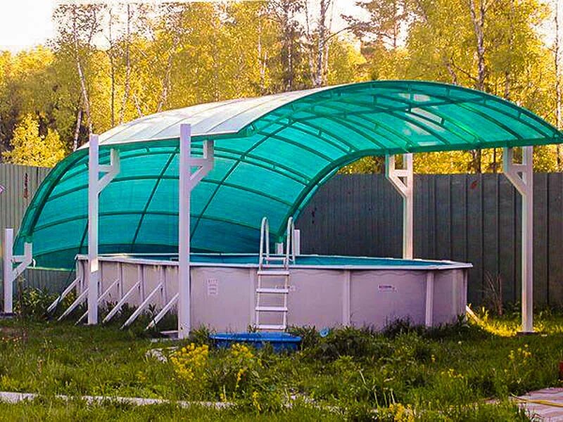Каркас для бассейна из поликарбоната. Навес над бассейном. навес для бассейна из поликарбоната. бассейн под навесом. каркасный бассейн под навесом.