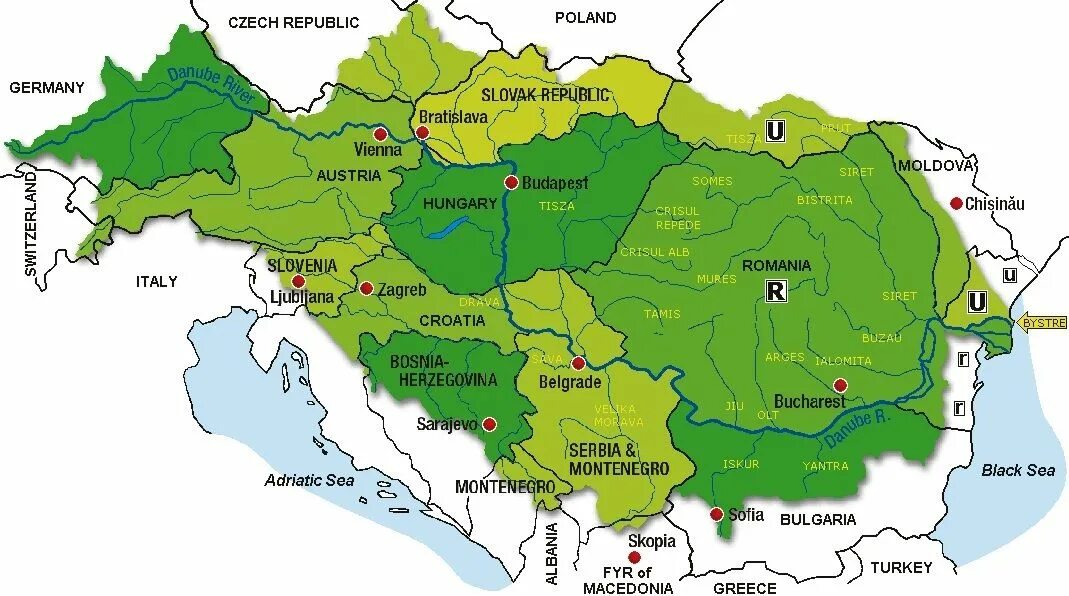 Где берет начало река дунай. Бассейн реки Дунай. Река Дунай на карте. Дунай на карте Румынии.
