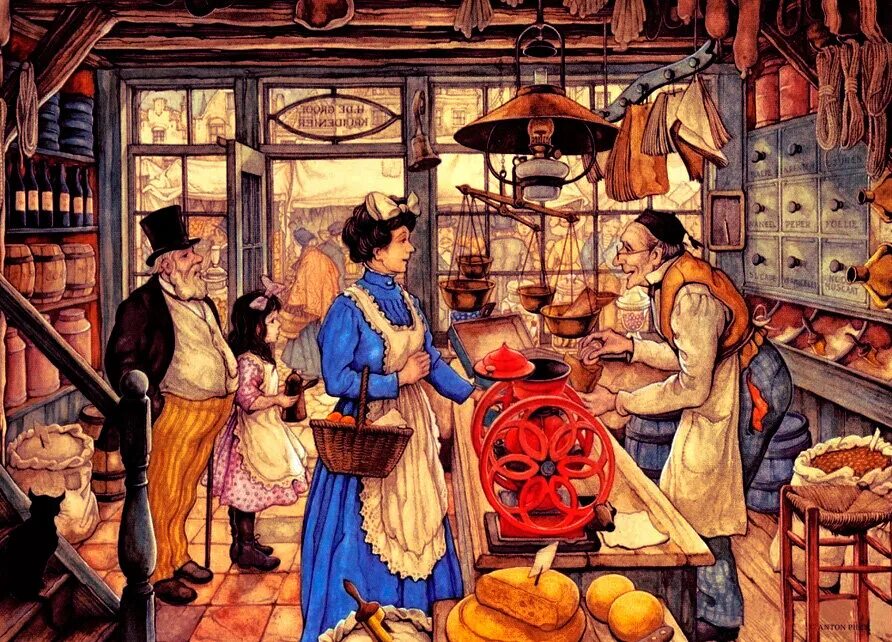 Рассказ базар. Голландский художник anton Pieck. Anton Pieck иллюстрации ярмарка. Торговые лавки 19 века в Англии картины.