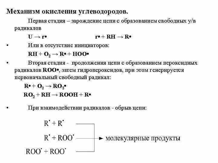 Реакции окисления углеводородов. Механизм окисления углеводородов. Механизм реакции окисления. Радикально цепной механизм окисления.