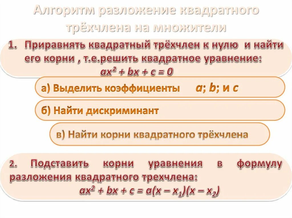 Разложение квадратного трехчлена на множители 8 класс. Формула разложения квадратного трехчлена на множители. Разложение квадратного корня. Формула разложения квадратного трехчлена.