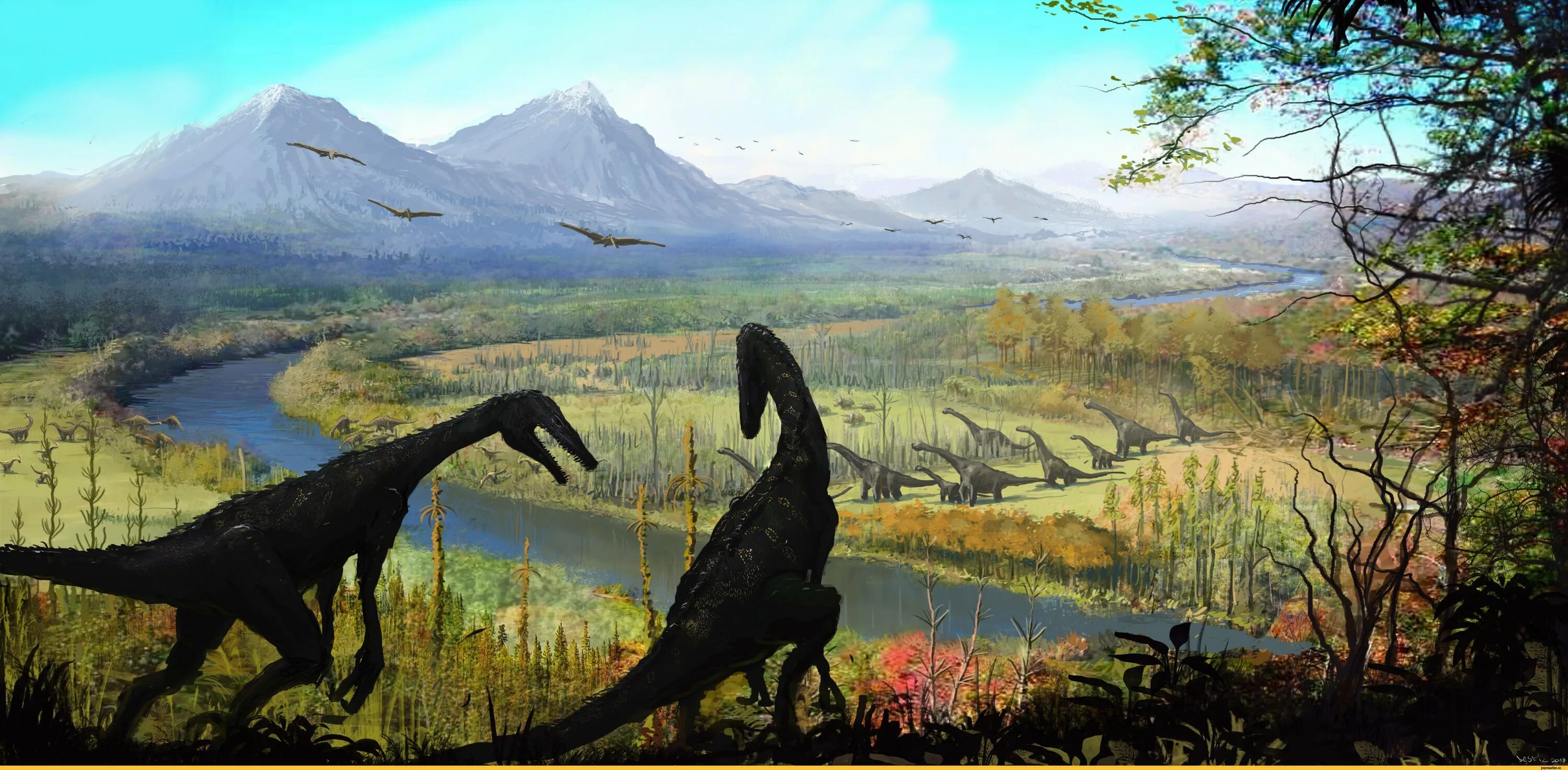 Сколько юрскому лет было. Динозавры ящеры мезозоя Юхан Эгеркранс. Пейзаж с динозаврами. Красивый пейзаж с динозаврами. Мир динозавров.