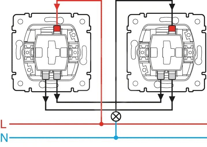 Схема подключения проходного выключателя лексман одноклавишный. Схема подключения перекрестного выключателя с 2х мест. Как подключить проходной выключатель одноклавишный схема. Схема соединения проходного выключателя одноклавишного. Проходной переключатель монтажная схема legrand.