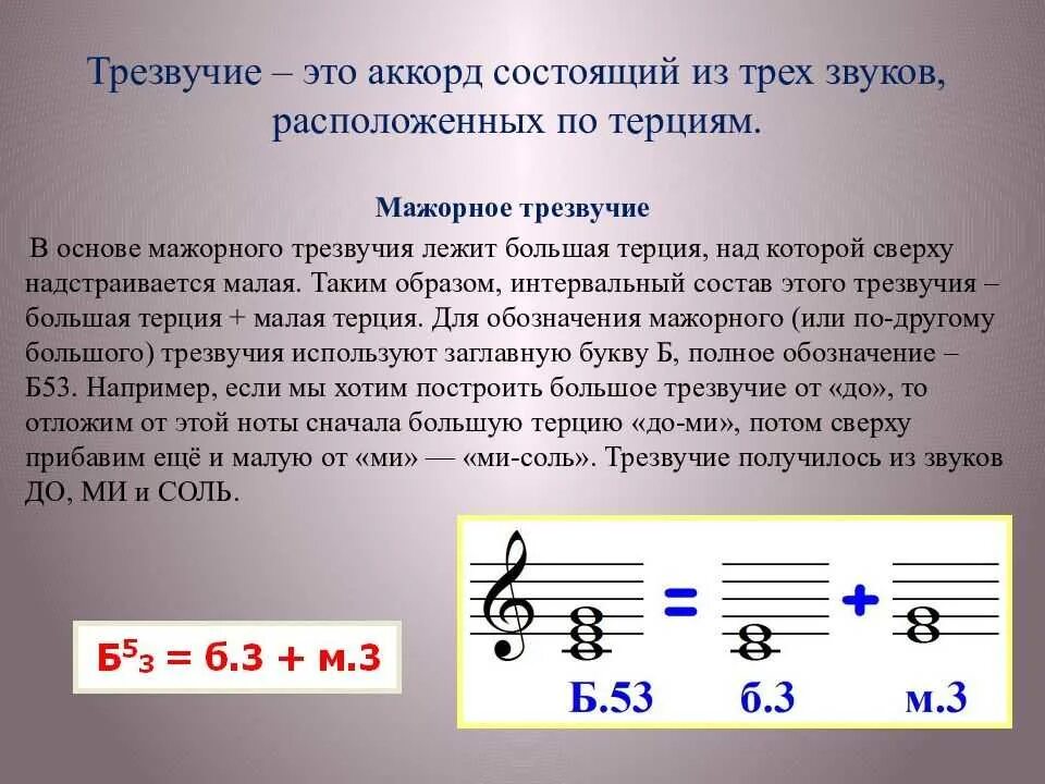 Звук на 3 тона. Трезвучие до мажор сольфеджио. Мажорное и минорное б53 и м 53 трезвучие. Строение мажорного трезвучия. Мажорные и минорные трезвучия.