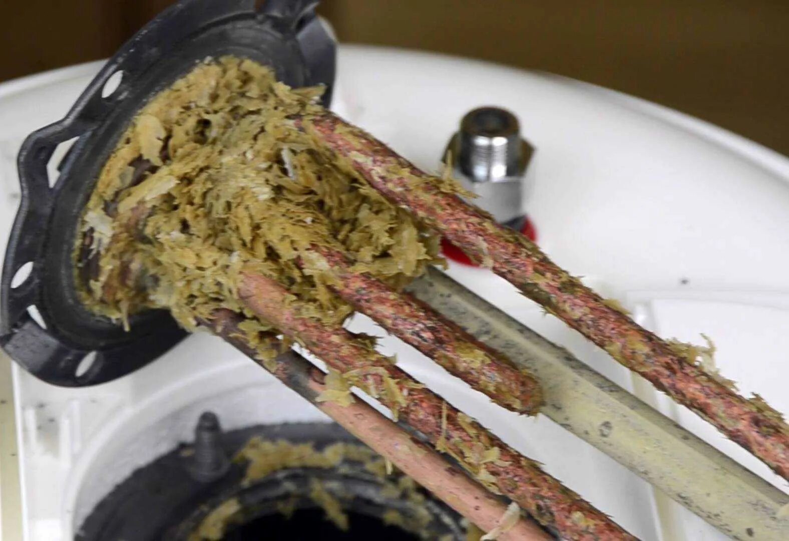 Тен от стиральной машины с накипью. Очистка тэна бойлера от накипи. Накипь в бойлере. Водонагреватель нагревательный элемент в накипи. Магниевый анод в накипи.