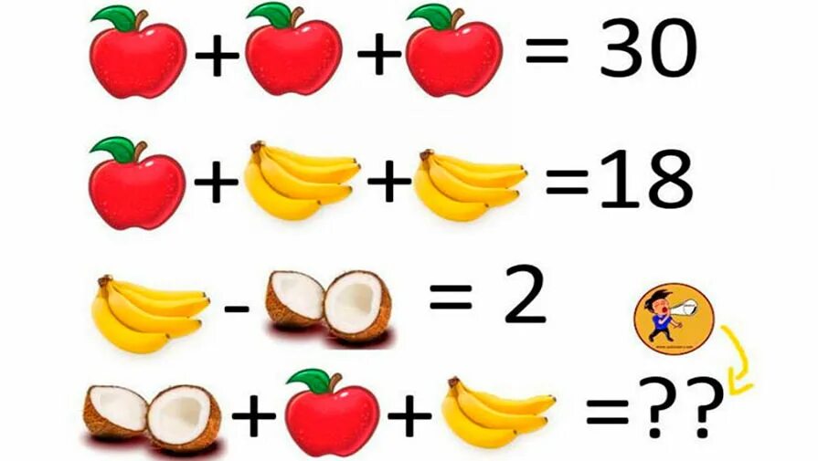 задачи на счет с ответами. задачка с фруктами. математические головоломки для детей. задачки с картинками вместо цифр. задачи на счет с ответами.