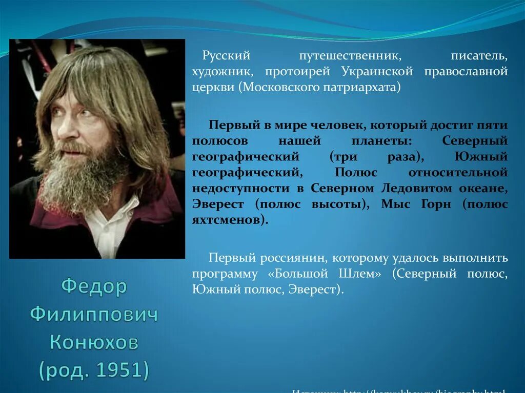 Достижения конюхова. Фёдор Филиппович Конюхов презентация. Путешественник 20-21 века фёдор Конюхов.