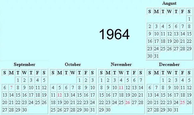 Какой день недели будет 15 апреля. Календарь 1964 года. 1964 День недели. Календарь 1964 день недели. Август 1965 года календарь.