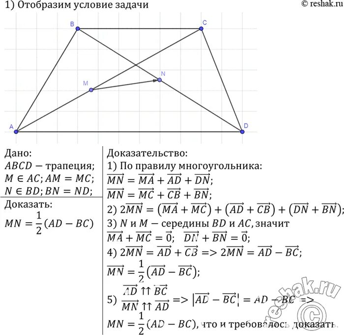 В трапеции отрезок соединяющий середины оснований. Отрезок соединяющий середины диагоналей трапеции равен. отрезок соединяющий диагонали трапеции равен полуразности оснований. доказать что отрезок соединяющий середины диагоналей трапеции. отрезок соединяющий середины оснований трапеции равен.
