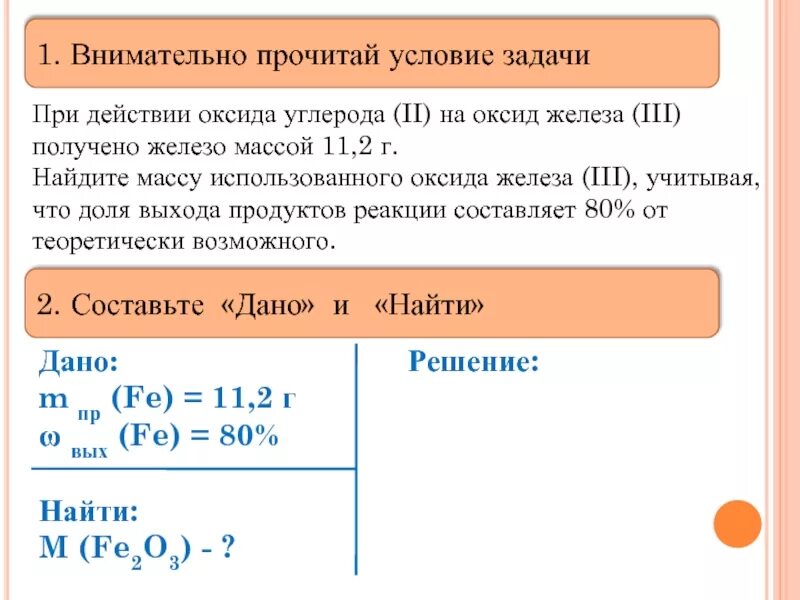 Выход реакции задачи решение. Задачи на определение выхода продукта реакции. Определить долю выхода продукта. Восстановление оксида железа 2. Оксид железа (II) И оксид углерода (II).