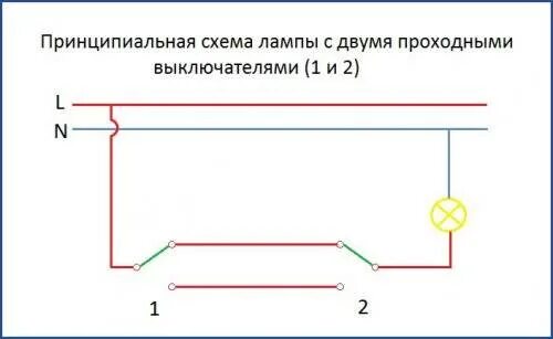 Как подключить лампочку на проходные выключатели. Схема подключения 2 ламп с двумя выключателями. Схема подключения проходного переключателя с двух мест на 1 лампочку. Электрическая схема подключения лампочки с двумя выключателями. Схема подключения лампочки с 2 мест.