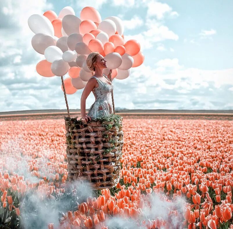 Шары в поле. Фотосессия с шарами в поле. Красивые цветы в поле креативно