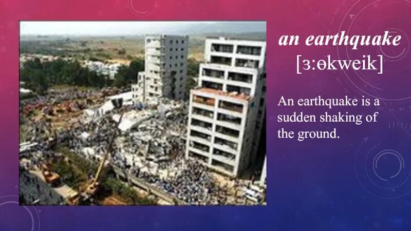 A shaking of the ground. ... Is a sudden Shaking of the ground earthquake Flood. Sudden violent. Топик по англ катастрофы.