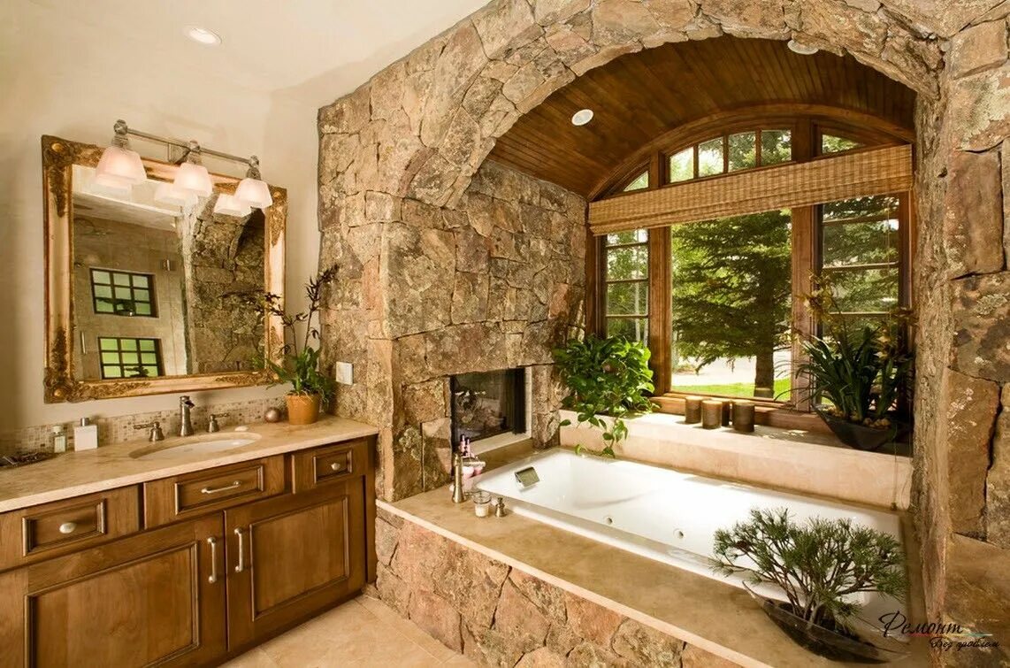 Ванная отделанная камнем. Уютная ванная комната. Шикарная ванная комната. Отделка камнем в интерьере.