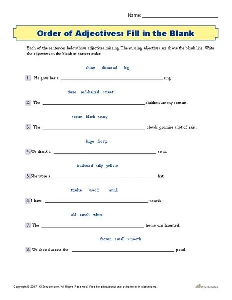 Fill in blank questions. Order of adjectives worksheets. adjectives word order exercises. порядок прилагательных worksheets. fill in the adjectives.