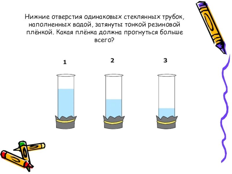 Нижние отверстия одинаковых. Нижнее отверстие одинаковых стеклянных трубок. Нижнее отверстие стеклянных трубок. Нижние отверстия одинаковых стеклянных трубок наполненных водой. Нижнее отверстие одинаковых стеклянных трубок 1 2 и 3.