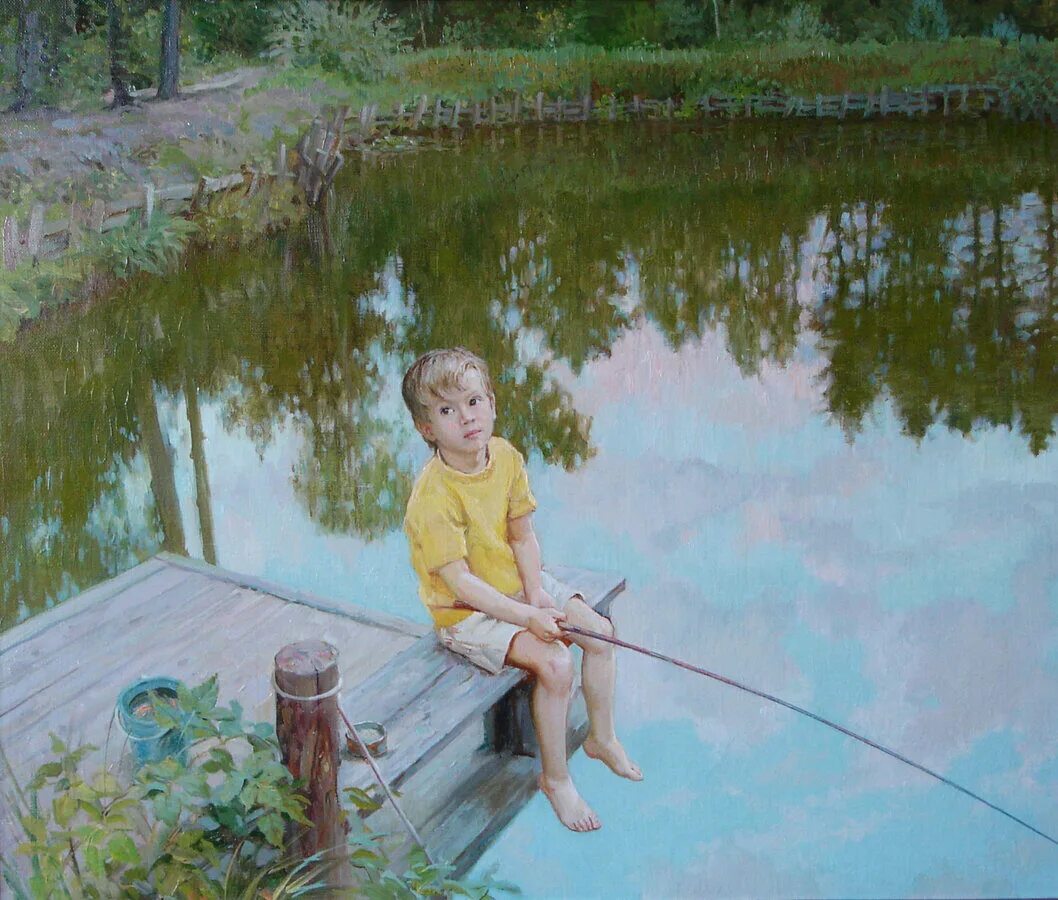 Мальчик ловил рыбу на реке. Пивень художник Ярославль.