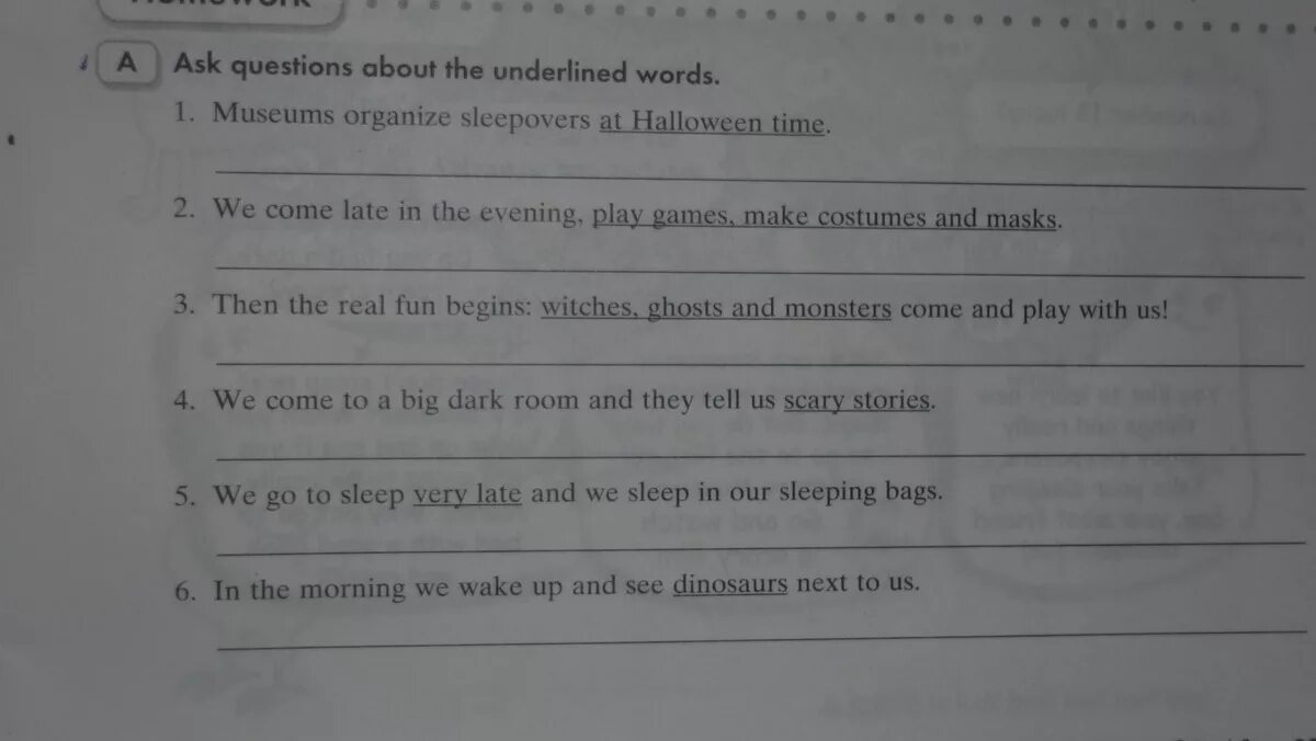 Write questions to the underlined. Make questions to the underlined Words. Underline the Words. Ask questions to the underlined Words. Ask Special questions to the underlined Words.