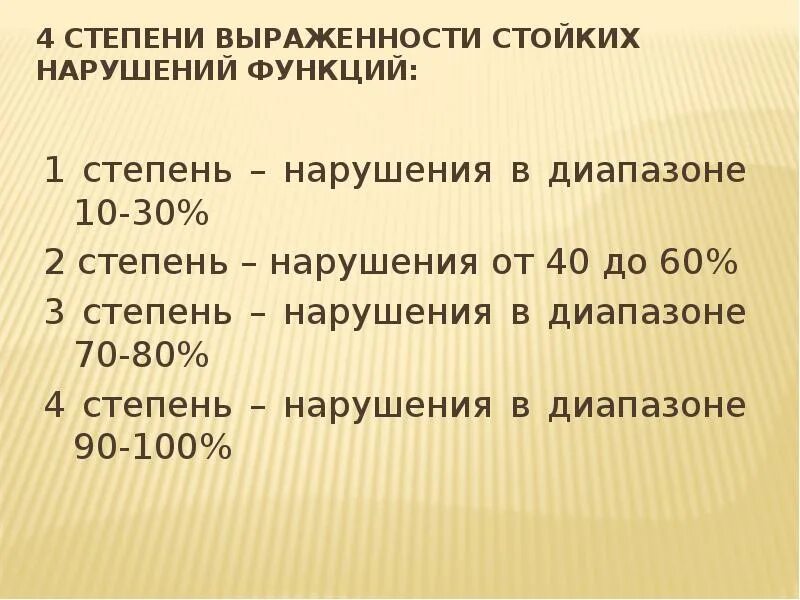 Степень выраженности стойких нарушений. Степени нарушения функций. 1 Степень стойких нарушений. 2ая степень диапазона нарушений.