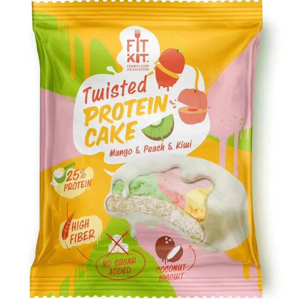 Fitkit. Fit Kit Twisted Protein Cake, 70 гр. Fit Kit протеиновое печенье 70 гр. FITKIT Protein Twisted Cake 70 гр. FITKIT Twisted Protein Cake (70гр.) (Манго-персик-киви).