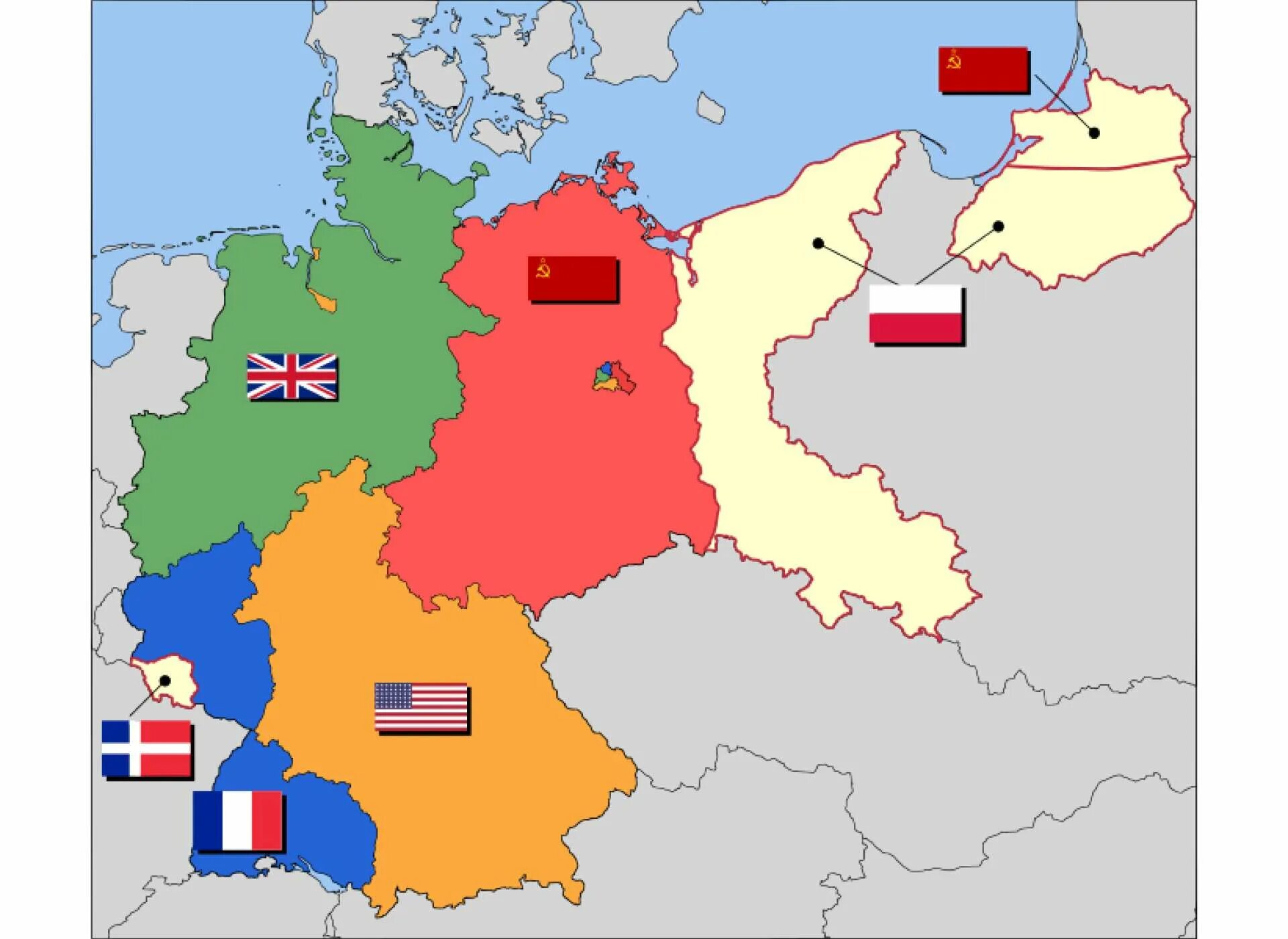 Мировые захваты германии. Оккупационные зоны Германии 1945. Оккупационные зоны Германии после второй мировой. Разделение Германии на 4 оккупационные зоны. 4 Зоны оккупации Германии.