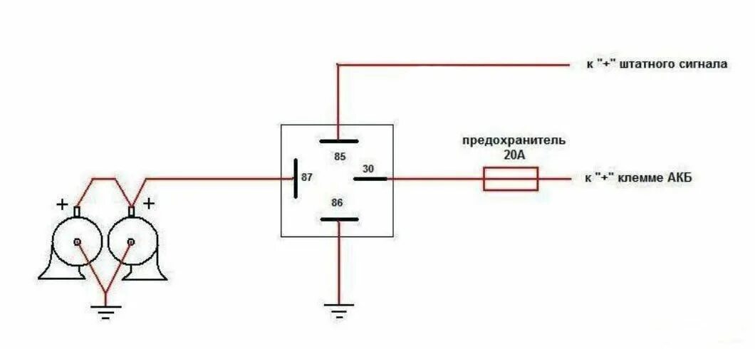 Как подключается сигнал. Схема подключения звукового сигнала через реле на ВАЗ. Схема подключения звукового сигнала на ВАЗ 2110 через реле. Схема подключения сигнала через 4 контактное реле ВАЗ 2110. Подключение гудка на ВАЗ 2109 через реле.