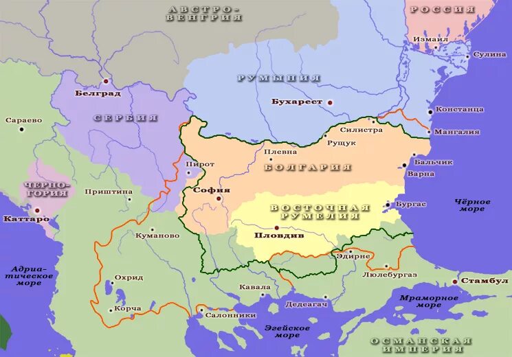 Сан стефанский русско турецкий мирный договор. Болгария и Восточная Румелия в 1878. Сан-Стефанский Мирный договор 1878 карта. Княжество Болгария и Восточная Румелия.