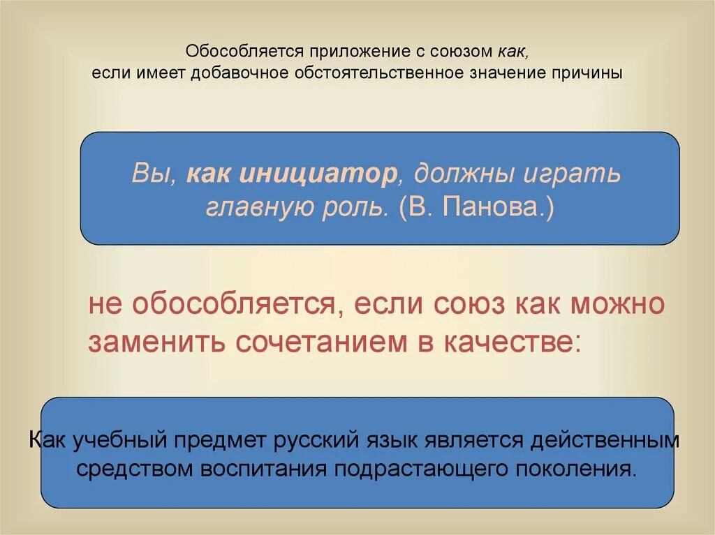 Предложения с приложением с союзом как. Приложение с добавочным обстоятельственным значением. Приложение с союзом как обособляется если имеет значение причины. Определения с добавочным обстоятельственным значением примеры. Обособленное приложение с союзом как.