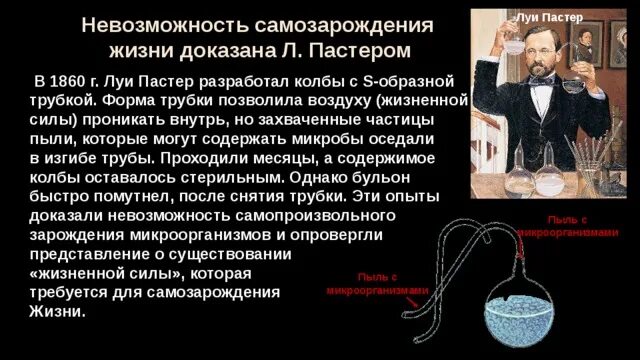 Несостоятельность теории самозарождения жизни. Луи Пастер теория самозарождения. Опыт Луи Пастера. Луи Пастер самозарождение жизни опыт. Луи Пастер доказал невозможность самозарождения.