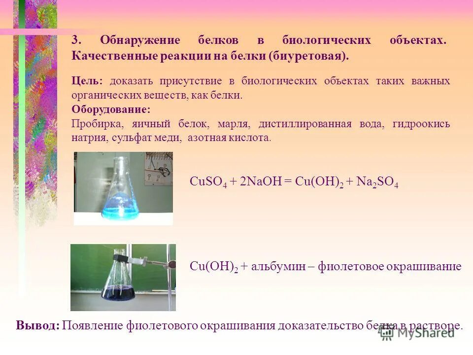 Обнаружение биологических. Лабораторная работа обнаружение белков. качественные реакции на обнаружение белков. качественные реакции на ьелкиэ. качественная реакция на белки биуретовая.