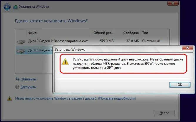Установка windows в системе efi. На диске находится таблица mbr разделов. установка виндовс на данный диск невозможна. на выбранном диске находится таблица mbr разделов. установка виндовс на данный диск невозможно.