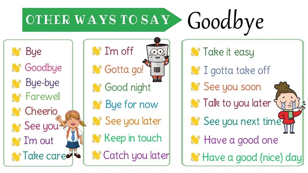 Ways to say Goodbye in English. Other ways to say Goodbye. Other ways to say Bye. Different ways to say Goodbye.