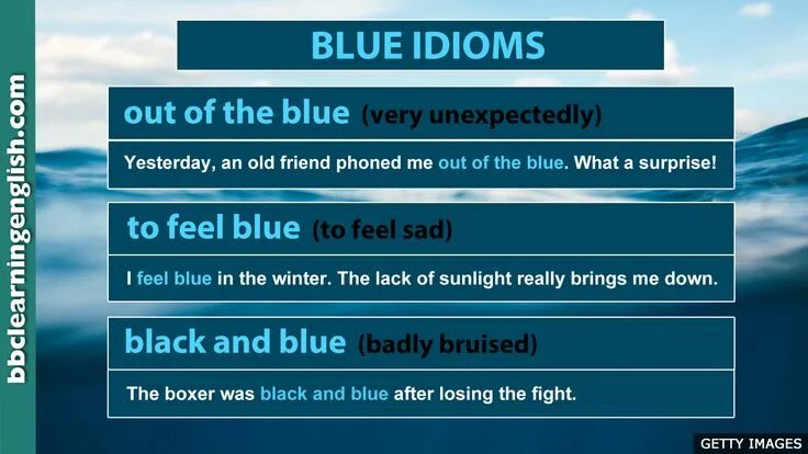 Learning idioms. Blue idioms. blue идиомы. out of the blue идиома. english idioms bbc.