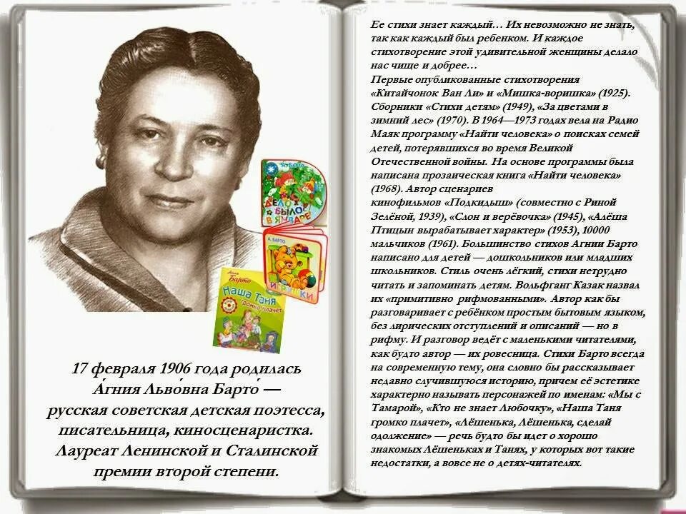 Кратко о творчестве барто. Агния львовна барто (1906). поэтессы агнии львовны барто. агния барто биография 3. творчество писателя агния львовна барто 2 класс.