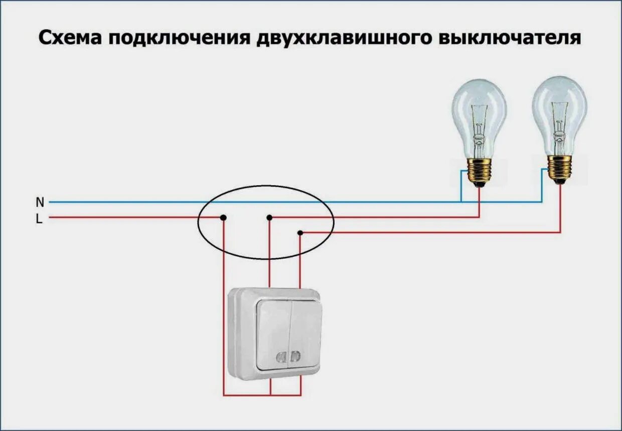 Схема подключения двухклавишного выключателя на 2 лампочки. Подключение двухклавишного выключателя схема подключения. Схема подключения 2 ламп на двойной выключатель. Схема подключения 2 лампочки сдвоенный выключатель. Как подключить одинарный выключатель