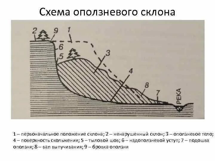 Подошвы склонов. Схема строения оползневого склона. Схема образования оползня. Схема наблюдения оползневого участка. Подошва оползня.