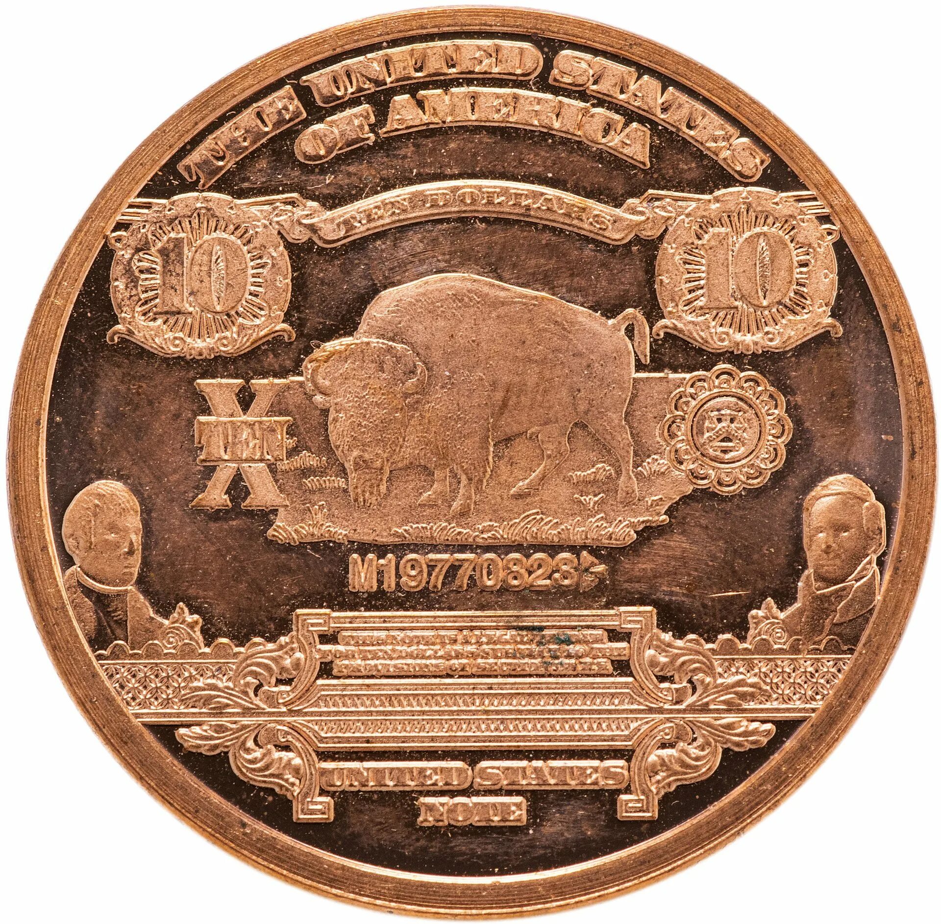 1 Унция меди США. Бизон на аверсе 10 долларов, 1901 г.]. Медная 10 долларовая монета. Монета США С бизоном. 1 унция в долларах