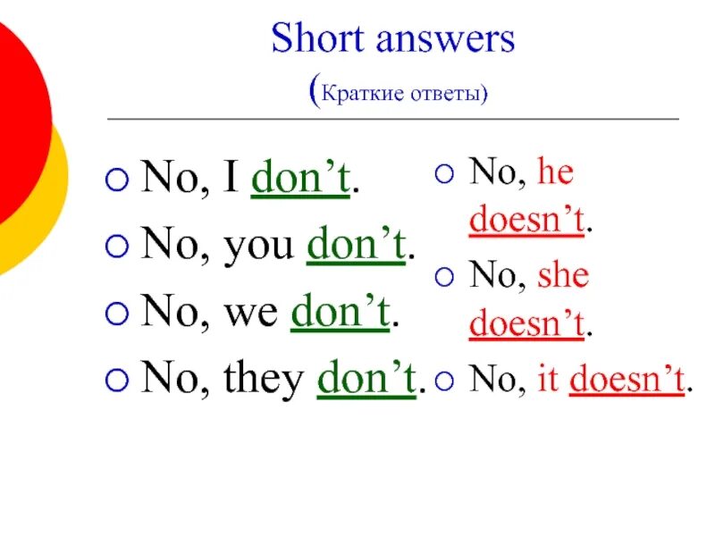 She doesn t the answer. Краткие ответы no she doesn't. Don't doesn't краткие ответы. It don't или it doesn't. She doesn't или she don't.