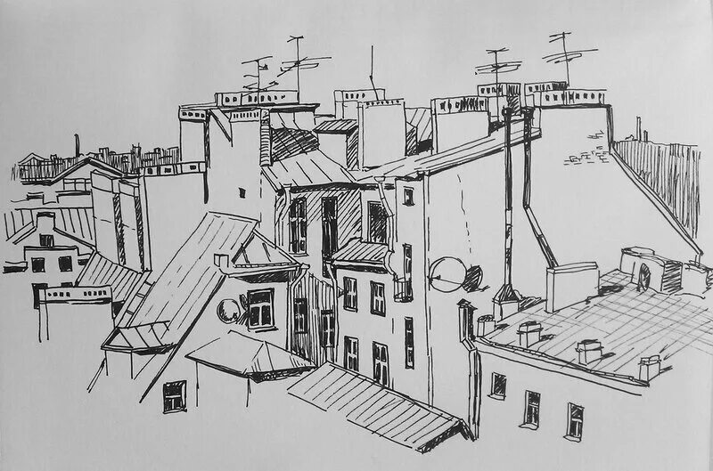 Путевые наброски куприянова. Крыши домов карандашом. Эскиз здания рисунок. Крыши питера графика. Черепичная крыша графика.