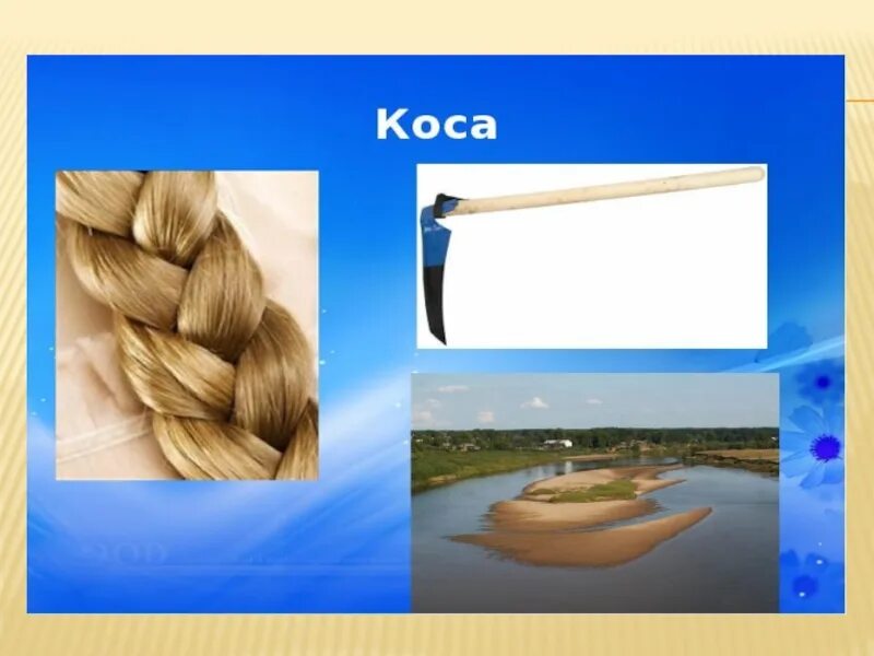 Значение слова коса. Коса многозначность. Коса многозначное слово. Картина коса для детей. Коса разные значения.