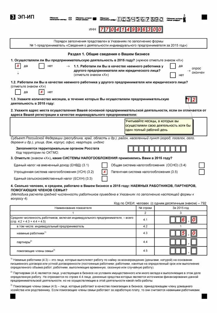 Образец заполнения статистики 1 ип