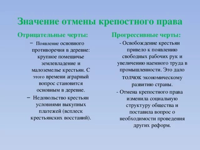 Значение отмены крепостного. Положительные и отрицательные стороны отмены крепостного права 1861. значение отмены крепостного права. значение реформы отмены крепостного права. важность отмены крепостного права.