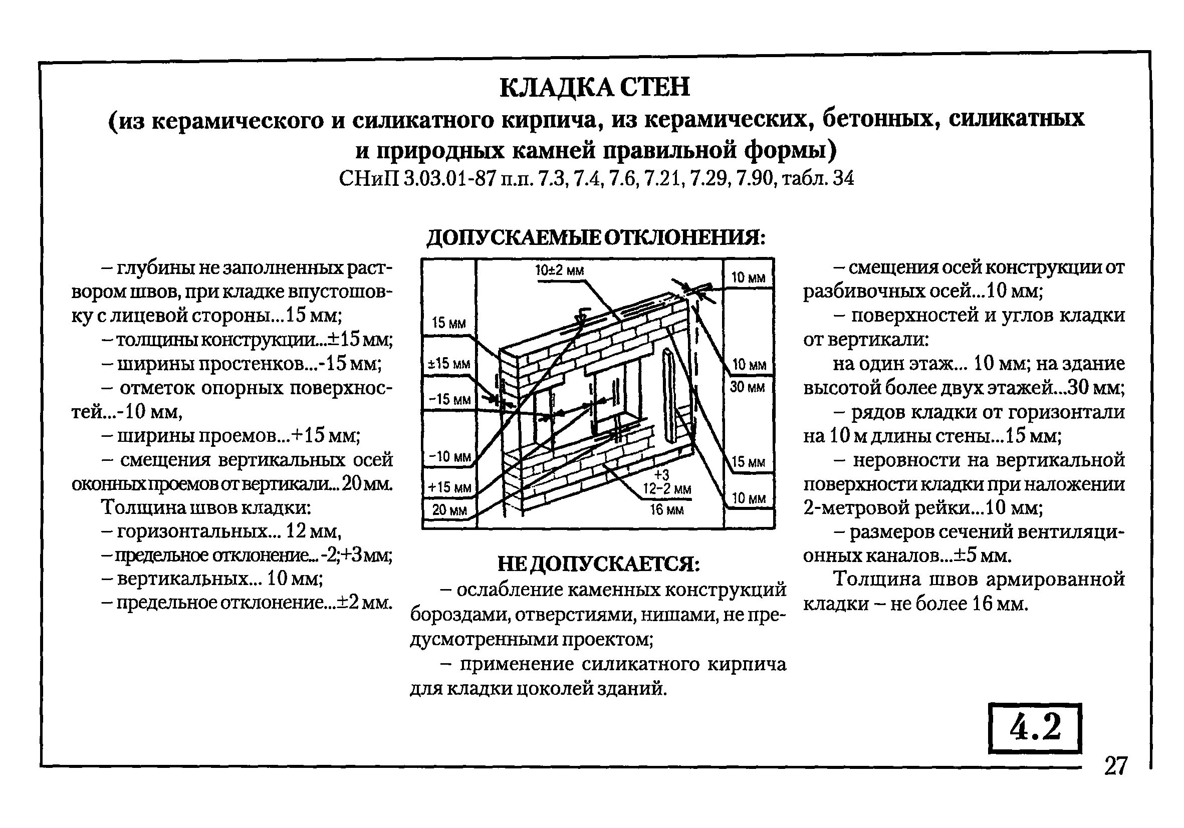 Снип сп 42. Кирпичная кладка допуски и отклонения. Кирпичная кладка отклонения СНИП. Допуск по кирпичной кладке стен и перегородок. Отклонения кирпичной кладки СП.