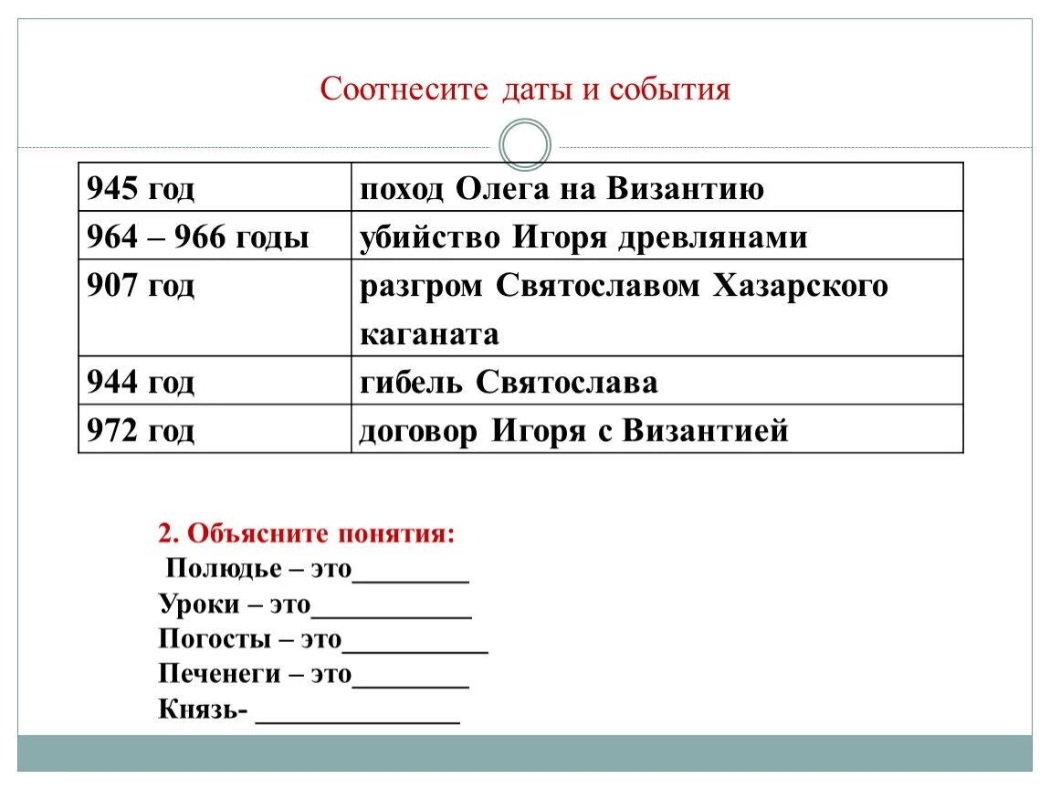 Соотнесите даты. 945 Событие. Объясните понятия князь. 945 Год событие на Руси. Соотнесите события и годы.