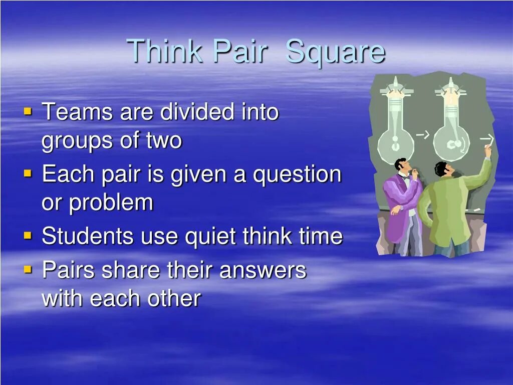Think-pair-Square. Think pair Square share. Divide into Groups. Divided into.