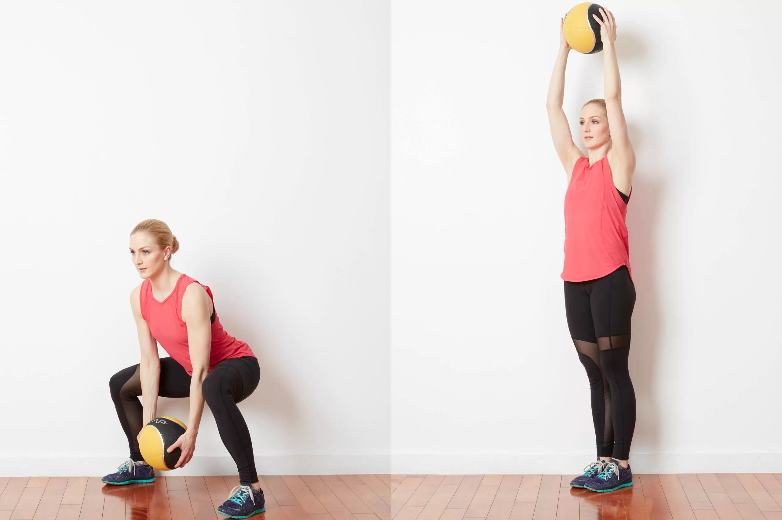 Упражнение подъем ног лежа. Приседания с набивным мячом. Поза вытяжения – уттанасана. Скручивания с блином. С пола над головой.