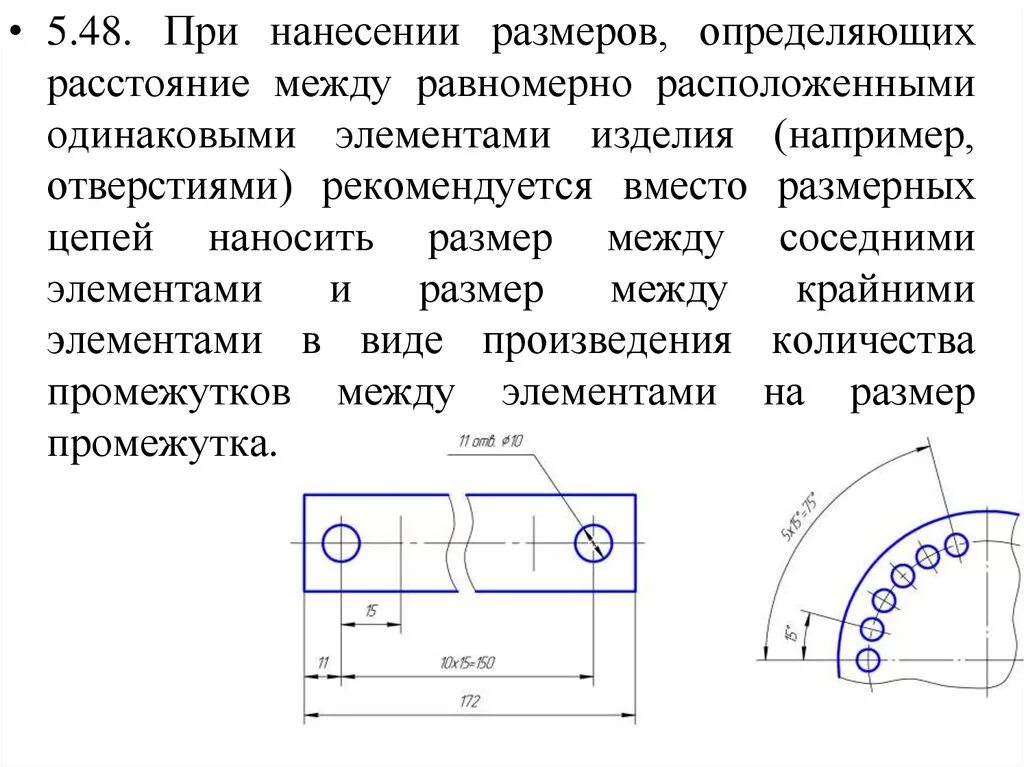 Размеры одинаковых элементов. ГОСТ 2 307 2011 нанесение размеров. Простановка размеров между отверстиями. Нанесение размеров одинаковых отверстий. Нанесение размеров на пазы.